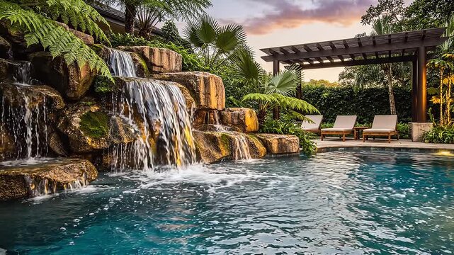 Stunning waterfall cascading into a pristine swimming pool at a tropical resort