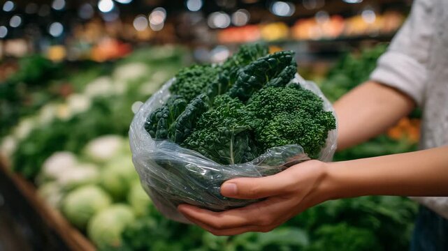 Hands presenting a plastic grocery bag filled with fresh vegetables and fruits, clean supermarket produce section behind, emphasis on transparency, freshness, and sustainable shopp
