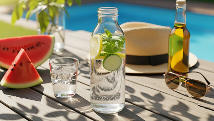 Refreshing summer drinks and snacks by the poolside