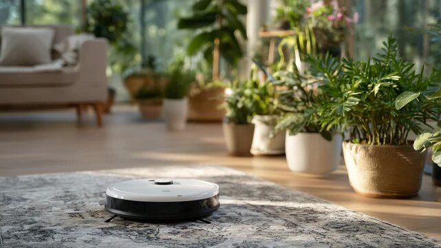 Low-angle shot of a robot vacuum gliding smoothly across a rug, detailed texture of fabric visible, modern living space with indoor plants and soft shadows, smart cleaning technolo