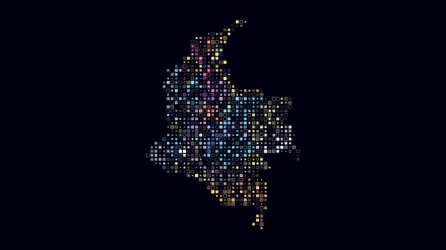 Colombia map animation. Shape of the country with pulsating colored dots. Small size rounded square blocks. Digital style Colombia map on dark background. Artistic video.