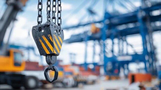 Macro shot of a crane hook lifting steel beams, metal texture and safety chains highlighted, blurred construction site and scaffolding in background, heavy machinery and urban cons