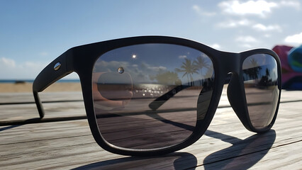 Stylish black sunglasses on wooden beach table with palm trees