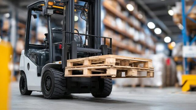 Macro shot of forklift tines sliding under a loaded pallet, wood and metal textures clearly visible, blurred warehouse storage racks behind, logistics, warehouse handling, and supp