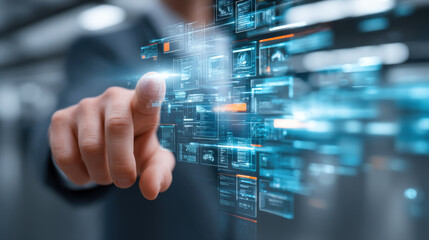 Businessman's finger touching a futuristic digital interface with glowing data screens. a complex holographic display, navigating through various data panels and information streams in a modern.