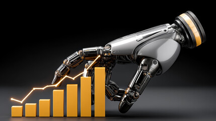 Advanced robotic hand interacting with a futuristic digital financial data graph. A sophisticated robotic arm's finger touches a glowing bar chart representing financial analytics.