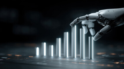 Advanced robotic hand interacting with a futuristic digital financial data graph. A sophisticated robotic arm's finger touches a glowing bar chart representing financial analytics.