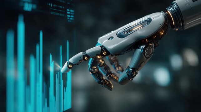 Advanced robotic hand interacting with a futuristic digital financial data graph. A sophisticated robotic arm's finger touches a glowing blue bar chart representing financial analytics. - Powered by Adobe