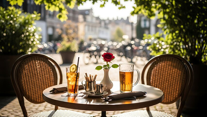 Cozy outdoor cafe setting with drinks and rose on table