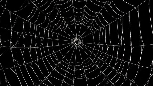 Close-up of a spider web with water droplets glistening against a stark black background creating intricate pattern