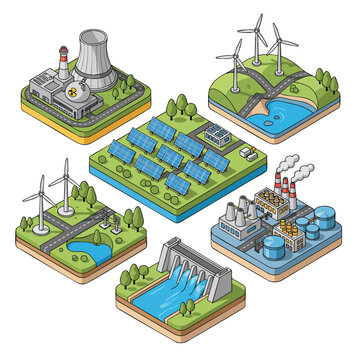 Diverse Renewable Energy Sources Collection: Solar, Wind, Hydro, Nuclear and Industrial Power Generation.