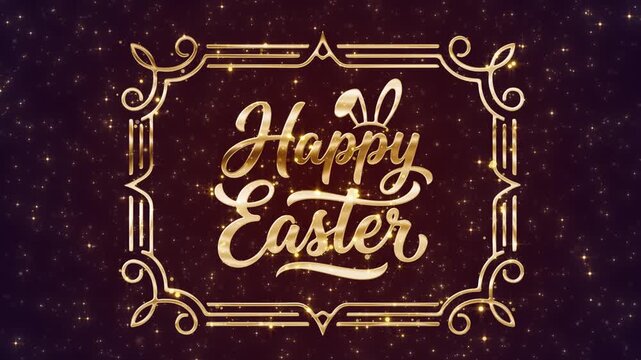 Stylish holiday intro displaying "Happy Easter" in gold 3D font with rabbit ears silhouette and glow, perfect for holiday greetings and seasonal promos, church announcements and spring sales