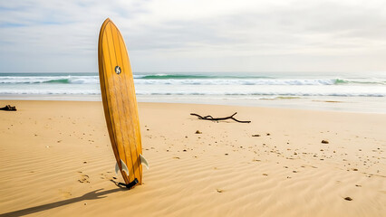 Surfboard on sandy beach with ocean waves in background