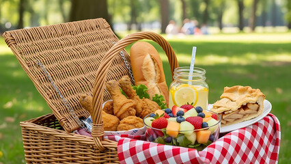 Delicious picnic spread with fresh food in park