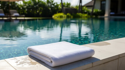 Folded white towel on edge of swimming pool with clear blue water