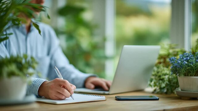 Over-the-shoulder view of a person working on a tablet and taking notes on a notepad, laptop and smartphone on desk, indoor plants adding warmth, blurred home background, remote wo