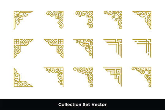 set of Decorative gold corner elegant borders and frames in a variety of ornate designs. Elaborate gold patterns for elegant decoration and decorative accents.
