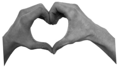 Obraz premium Hand heart gesture collage halftone. Human hands making love pop art effect.