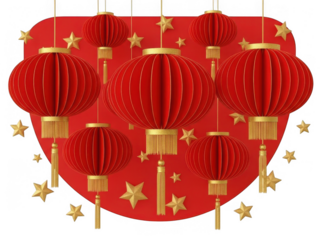 Vibrant red lanterns with golden stars isolated on transparent background