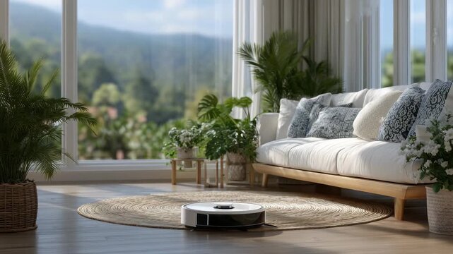 Wide living room scene with a robot vacuum cleaning a central rug, smart home environment with minimalist furniture, daylight illuminating dust-free surfaces, automation, convenien