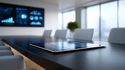 Executive Analytics Visualization with Holographic KPIs Hovering Above Modern Boardroom Table
