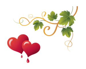 Two Red Hearts with Dripping and Green Leafy Vine on Transparent Background leaves