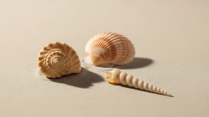 Three seashells on sandy beach with natural light