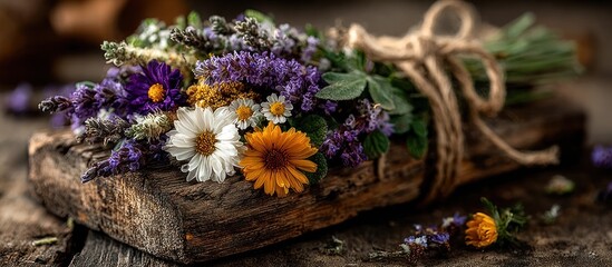 Dried flowers and herbs on wood