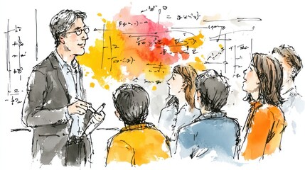 Watercolor illustration of a professor lecturing students in a classroom
