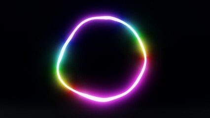 Obraz premium Horizontal abstract rainbow prism sphere 3D neon science poster template glow oil blob fluid ring circle technological background wallpaper copyspace holographic iridescent refraction gradient dark