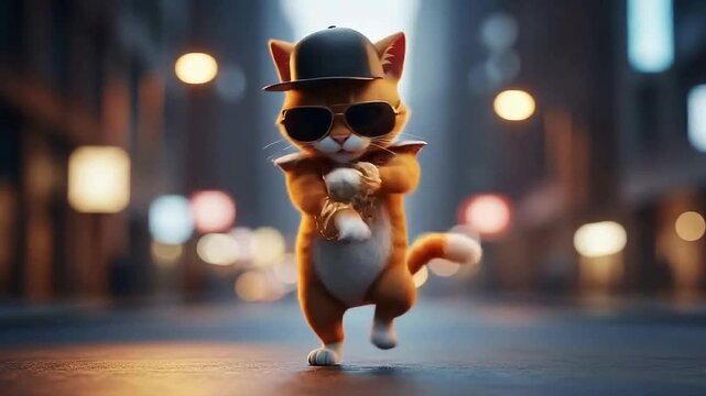 Cool cat in hip hop outfit dancing on city street at night