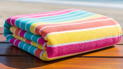 Vibrant beach towels stacked on wooden table by ocean