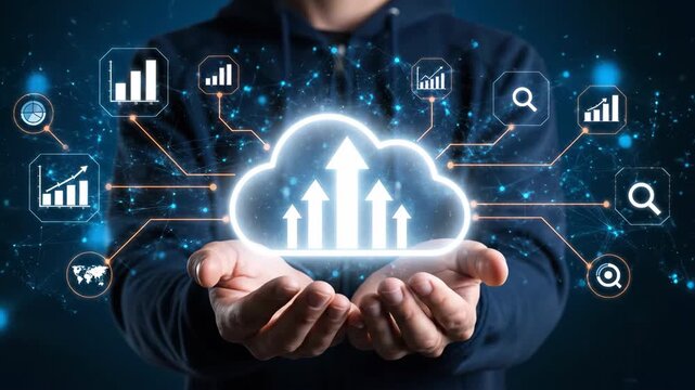 Hands holding a glowing cloud with upward arrows and surrounding data charts on a dark background.
