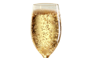 Sparkling wine glass with rising bubbles captured in bright high key studio lighting for festive and elegant beverage concepts isolated on transparent background PNG