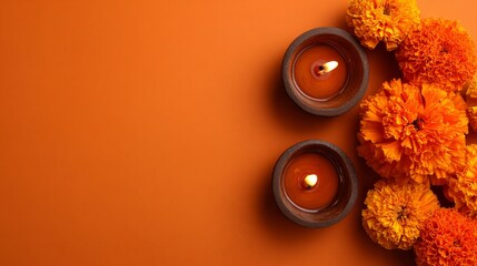 Diwali celebration with candles and marigold flowers on orange background