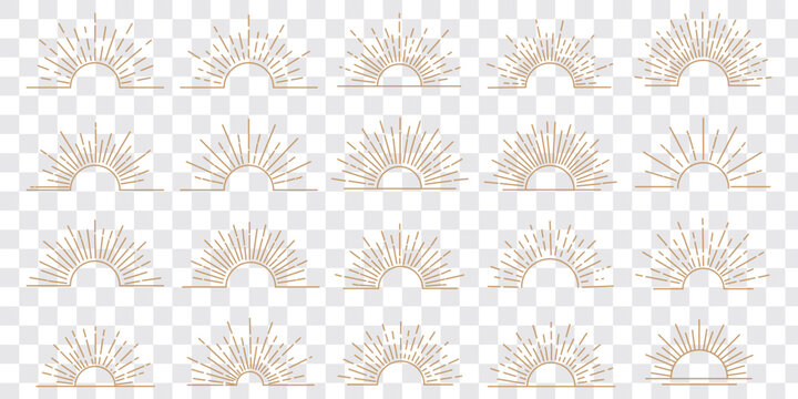 Retro Sun burst shapes. Vintage starburst logo, labels, badges. Sunburst minimal logo frames. Vector firework design elements isolated. Sun burst light logo. Minimal vintage gold firework	