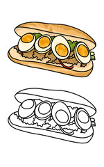 a coloring book with a sandwich and half boiled eggs. Nutrition Food for breakfast 