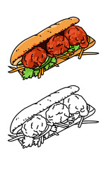a drawing of a sandwich bread with meat balls and vegetables. Meat balls and carrot slice salad