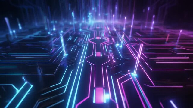 Glowing cyber circuit board background　青と紫に発光するサイバーな電子回路基板　フルHD　動画