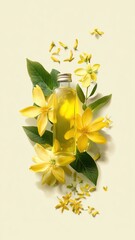 Elegant Ylang-Ylang essential oil bottle with vibrant yellow flowers and lush green leaves, perfect for luxury fragrance, beauty, and wellness commercial projects