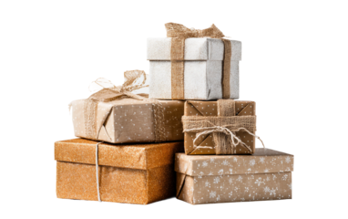 Stack of wrapped Christmas presents captured in bright high key studio lighting for festive holiday and decorative concepts isolated on transparent background PNG
