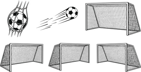 Collection of soccer ball and goalpost illustrations showing net scoring, fast motion, and different perspectives for sports design graphics © Irin Akter