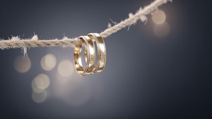 Golden wedding rings suspended on a delicate rope, showcasing metallic reflections against a dark background.