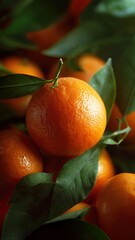 Fresh ripe mandarin with vibrant green leaves, perfect for healthy food concepts, kitchen decor, and commercial advertising