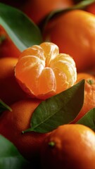 Fresh peeled tangerine with vibrant green leaves, highlighting juicy texture and bright color, perfect for healthy food and commercial product promotions