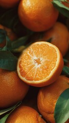Fresh juicy orange with vibrant color and green leaves, perfect for commercial food, nutrition, and fragrance olfactive note concepts