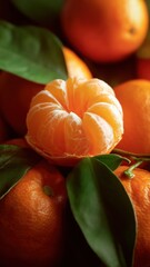 Fresh peeled tangerine with vibrant green leaves, showcasing juicy texture and bright color, perfect for healthy food and commercial advertising concepts