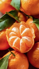 Fresh peeled tangerine with vibrant orange segments and green leaves, perfect for commercial food, healthy lifestyle, and advertising projects