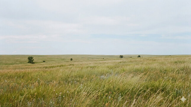 Vast Tallgrass Prairie Landscape, Scenic View of Rolling Grassy Fields Under an Overcast Sky with Scattered Distant Trees