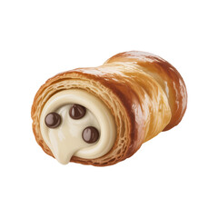 Cream-Filled Croissant Pastry with Chocolate Drops Isolated on Black
